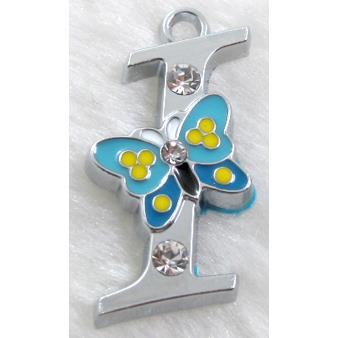 Alphabet pendants, I-letter, enamel butterfly, rhinestone