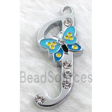 Alphabet pendants, J-letter, enamel butterfly, rhinestone