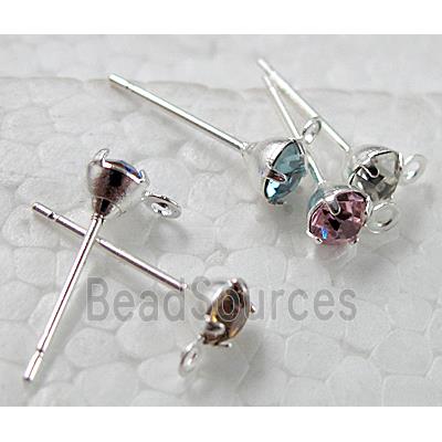 Silver Plated Copper Earring Pin, Nickel Free, mix color rhinestone