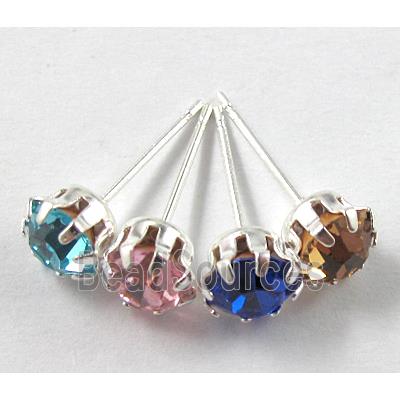 Silver Plated Copper Earring Pin, Rhinestone, Nickel Free, mix color