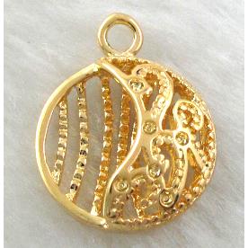 copper pendants, flat-round, hollow, Golden plated