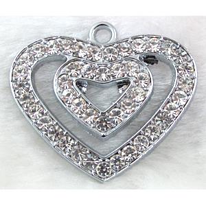 heart Pendants, rhinestone, alloy, platinum plated