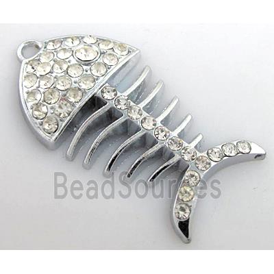 Fish skeleton, alloy pendant with rhinestone, platinum plated