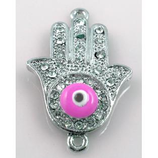 Hamsahand, evil-eye bracelet connector, alloy bead with rhinestone, platinum pla