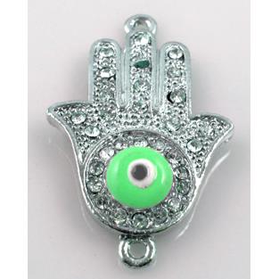 Hamsahand, evil-eye bracelet connector, alloy bead with rhinestone, platinum pla