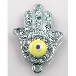 Hamsahand, evil-eye bracelet connector, alloy bead with rhinestone, platinum pla