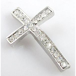 Cross curved sideways rhinestone pave bracelet connector, alloy, platinum plated