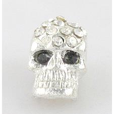 3D Skull charm, alloy bead, silver plated