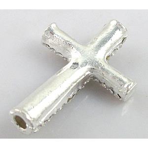 bracelet bar, cross with rhinestone, alloy bead, silver plated