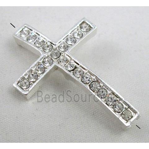 bracelet bar, cross with rhinestone, alloy bead, silver