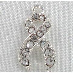 cancer awareness ribbon, alloy pendant with rhinestone, silver plated