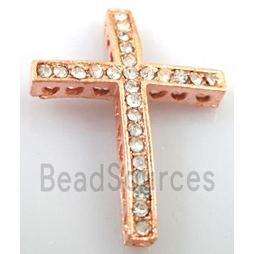 bracelet spacer, alloy cross with rhinestone, red copper