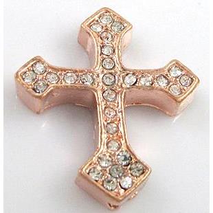 bracelet bar, cross with rhinestone, alloy bead, red copper