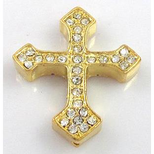 bracelet bar, cross with rhinestone, alloy bead, gold