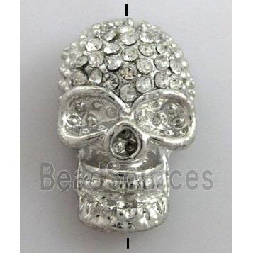 Skull charm, bracelet spacer, alloy bead with rhinestone, platinum plated