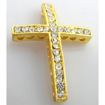 bracelet spacer, alloy cross with rhinestone, golden