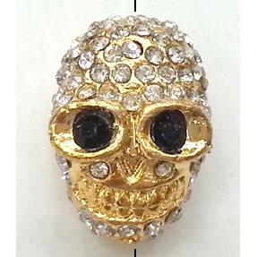 Skull charm, bracelet spacer, alloy bead with rhinestone, gold