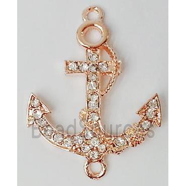 anchor charm, Bracelet bar, alloy connector with rhinestone, red copper