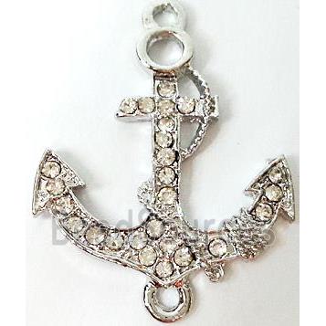 anchor charm, Bracelet bar, alloy connector with rhinestone, platinum plated