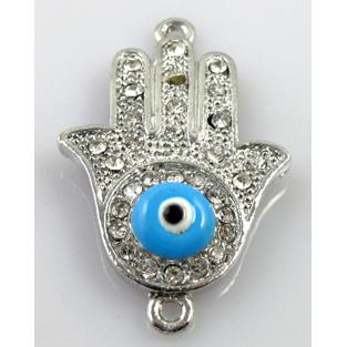 Hamsahand evil-eye bracelet bar, alloy connector with rhinestone, platinum plate