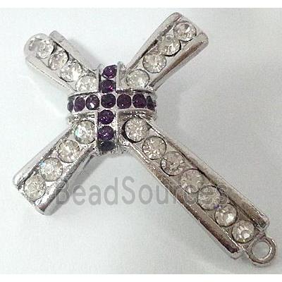 bracelet bar, cross, alloy bead with rhinestone, platinum plated