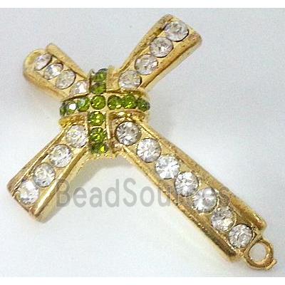 bracelet bar, cross, alloy bead with rhinestone, gold