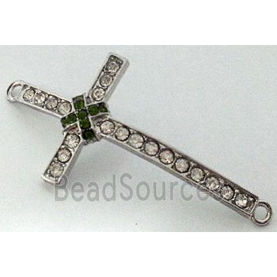 bracelet bar, cross, alloy bead with rhinestone, platinum plated