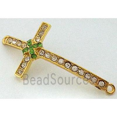 bracelet bar, cross, alloy bead with rhinestone, gold