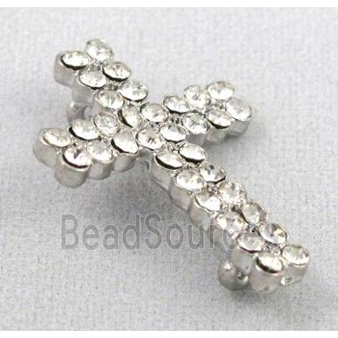 bracelet bar, cross, alloy bead with rhinestone, platinum plated