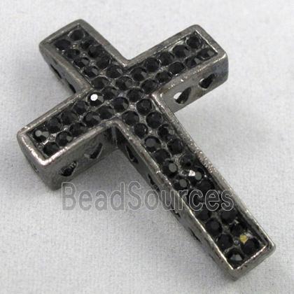 bracelet spacer, cross, alloy bead with rhinestone, black