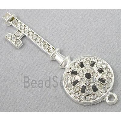 alloy pendant with rhinestone, key, silver