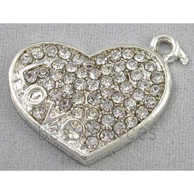 alloy pendant with rhinestone, heart, silver