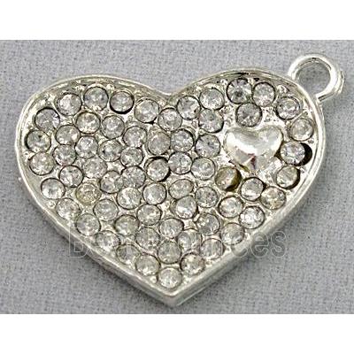 alloy pendant with rhinestone, heart, silver