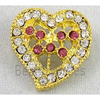 bracelet bar, alloy bead with rhinestone, heart, gold