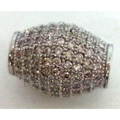 copper bead with zircon rhinestone, oval, platinum plated