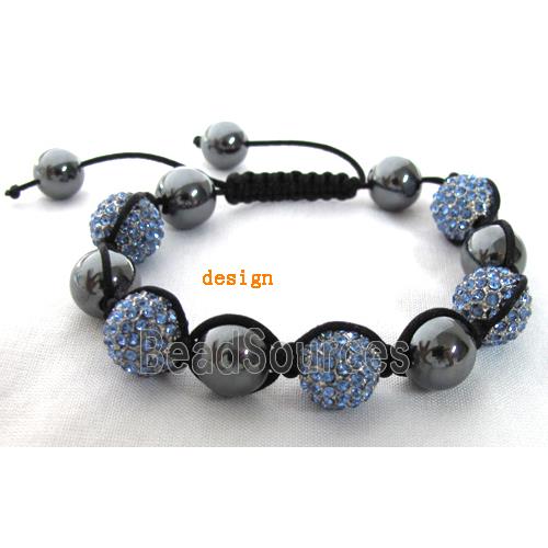 round beads, paved blue rhinestone, alloy, platinum plated