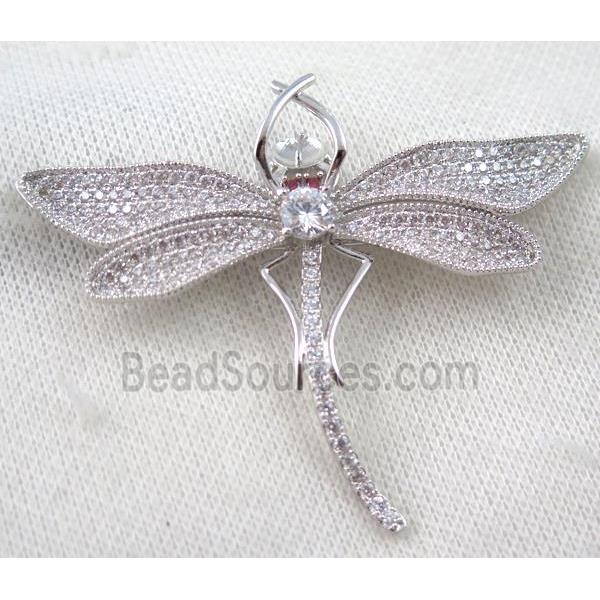 copper dragonfly brooch paved zircon, platinum plated