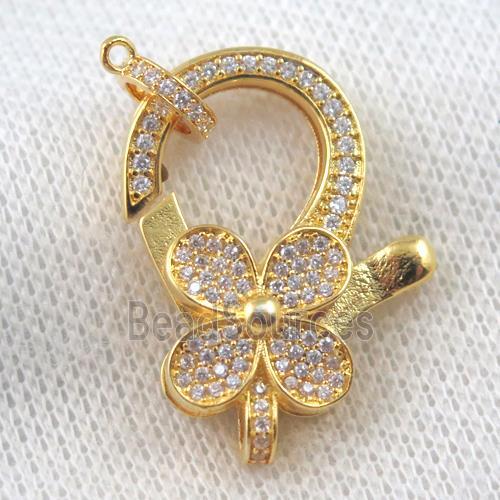 copper Lobster Clasp paved zircon, clover, gold plated