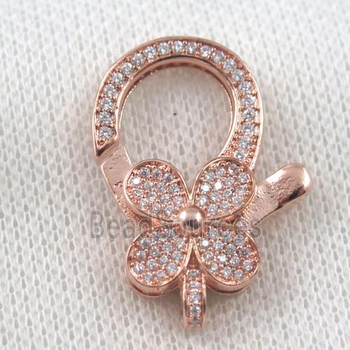 copper Lobster Clasp paved zircon, clover, rose gold