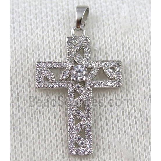 copper cross pendant paved zircon, platinum plated