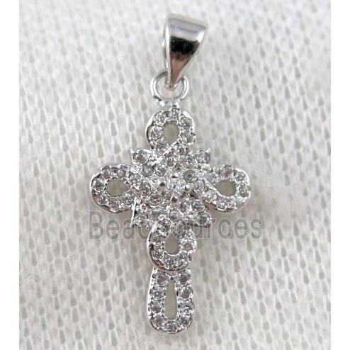 copper cross pendant paved zircon, platinum plated