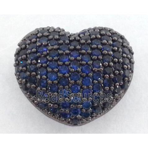 paved zircon copper bead, heart, blue, black plated