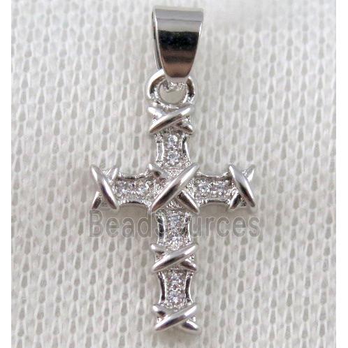 copper cross pendant paved zircon, platinum plated