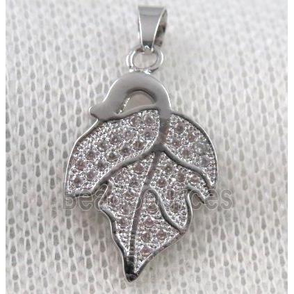 copper leaf pendant paved zircon, platinum plated