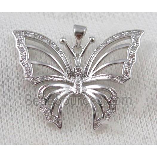 copper butterfly pendant paved zircon, platinum plated