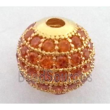 paved zircon copper bead, round, gold plated