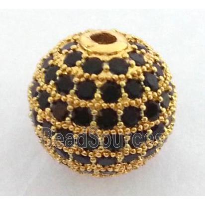 paved zircon copper bead, round, gold plated