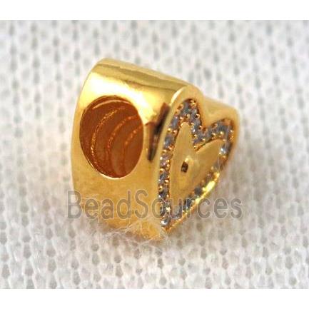 copper heart beads paved zircon, gold plated