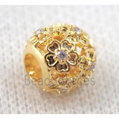 round copper beads paved zircon, hollow, gold plated