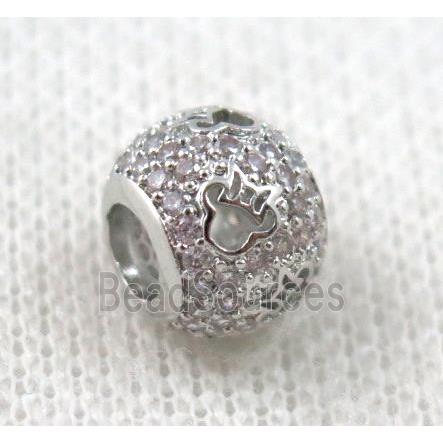 round copper bead paved zircon, hollow, platinum plated